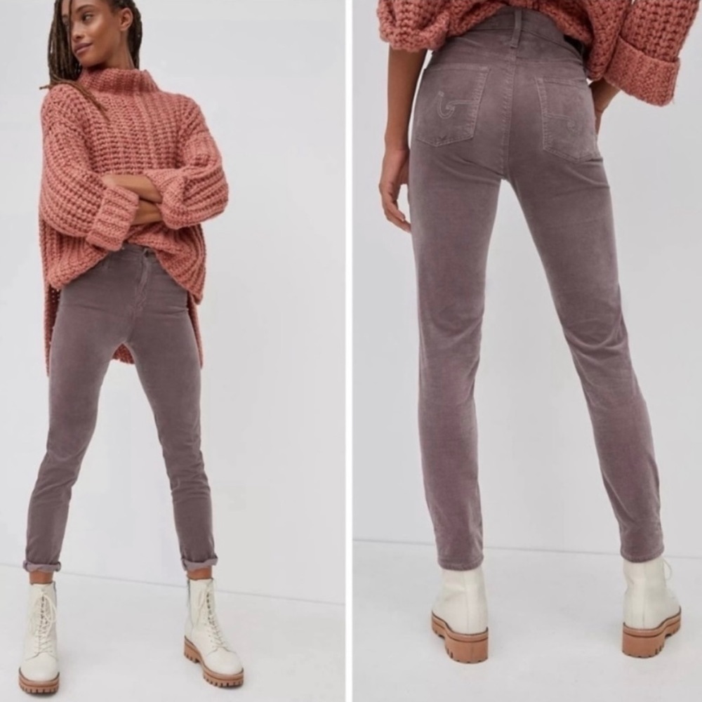 Anthropologie AG High Rise Stevie Ankle Gray Taupe Velvet Slim Straight Sz 25R.